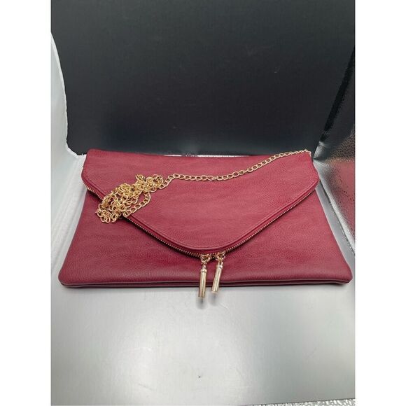 FashionPuzzle Envelope Clutch Evening Bag Maroon Gold Chain New - Picture 4 of 7